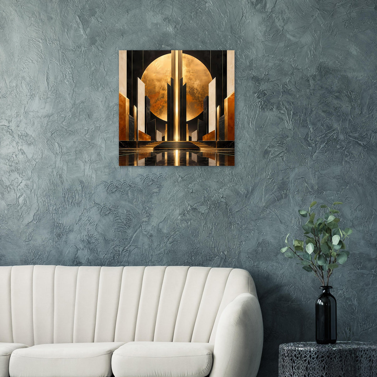Art-Deco-Poster mit goldener Rundscheibe, schwarzen Elementen und zentraler Lichtsäule
