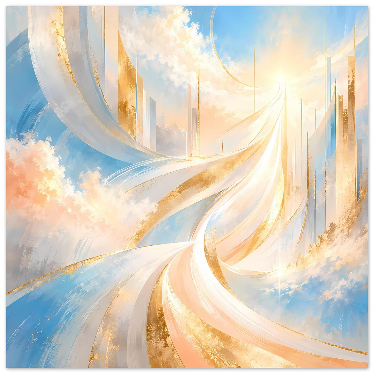 Abstraktes Poster mit goldblauen Wellen und hellem Lichtverlauf, horizontal