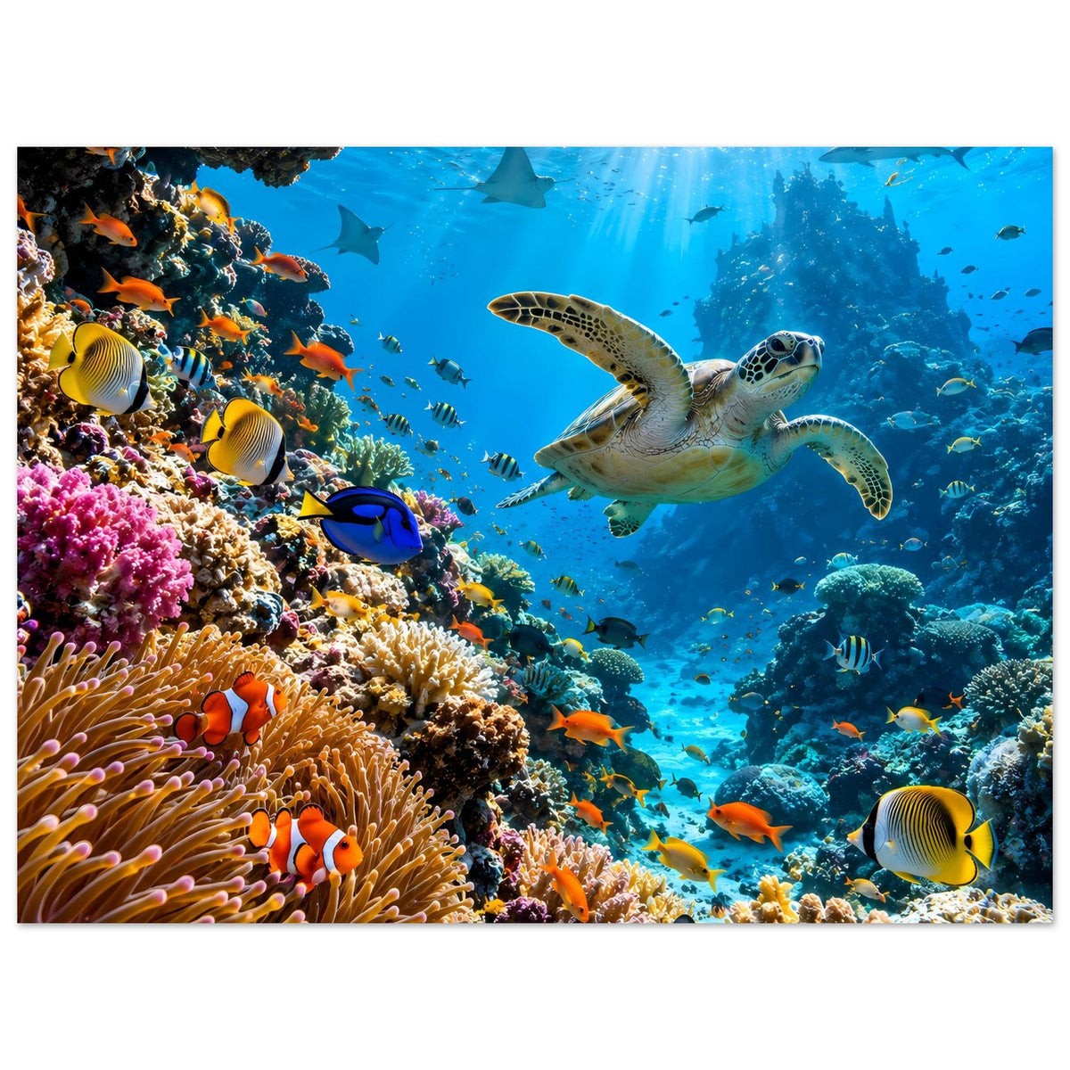 Poster mit Unterwasser-Szene: Meeresschildkröte, Korallenlandschaft links, bunte Fische