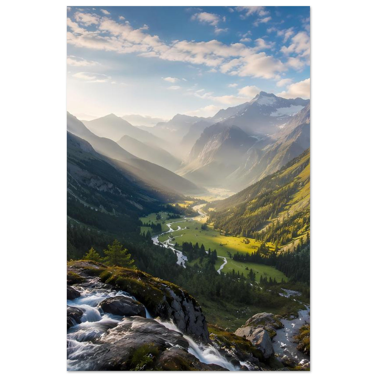 Hochkant-Poster Bergtal: Bach durch die Landschaft, Wiesen und Nebelschwaden zwischen Bergen