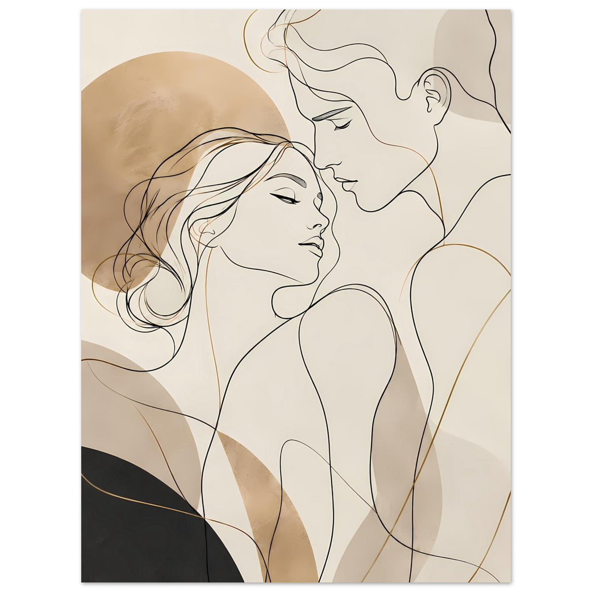 Poster mit Linienkunst: Liebespaar in Umarmung, beige Grundfläche und goldfarbene Linien.