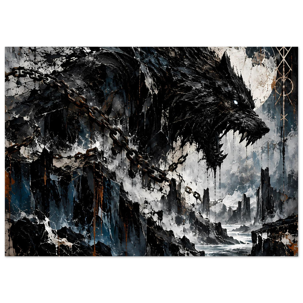Dunkles Wolfs-Poster mit Ketten und zerstörter Skyline, Akzente in Blau und Rostbraun
