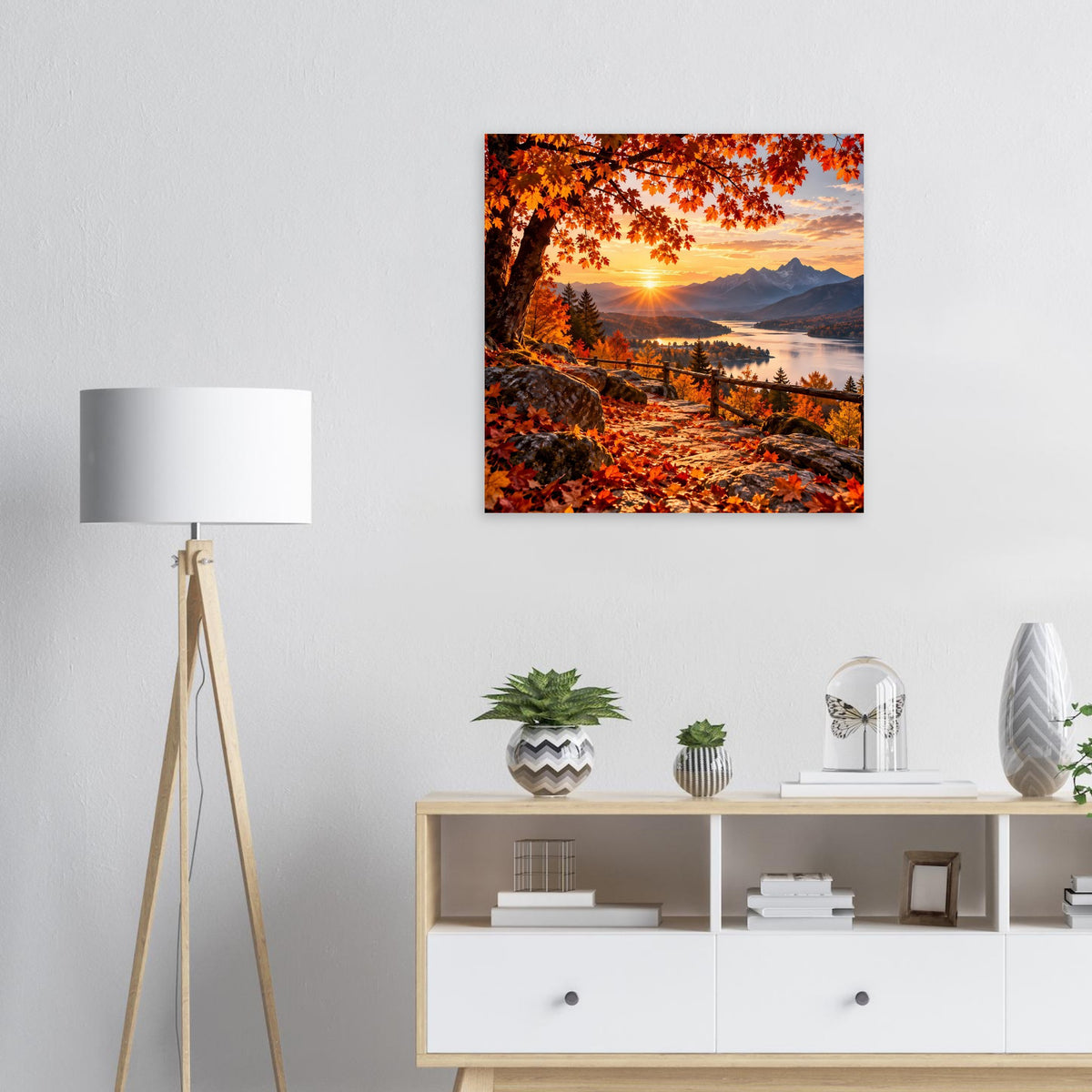 Herbst-Landschaftsposter mit Sonnenuntergang über Tal und orangefarbenen Blättern im Vordergrund