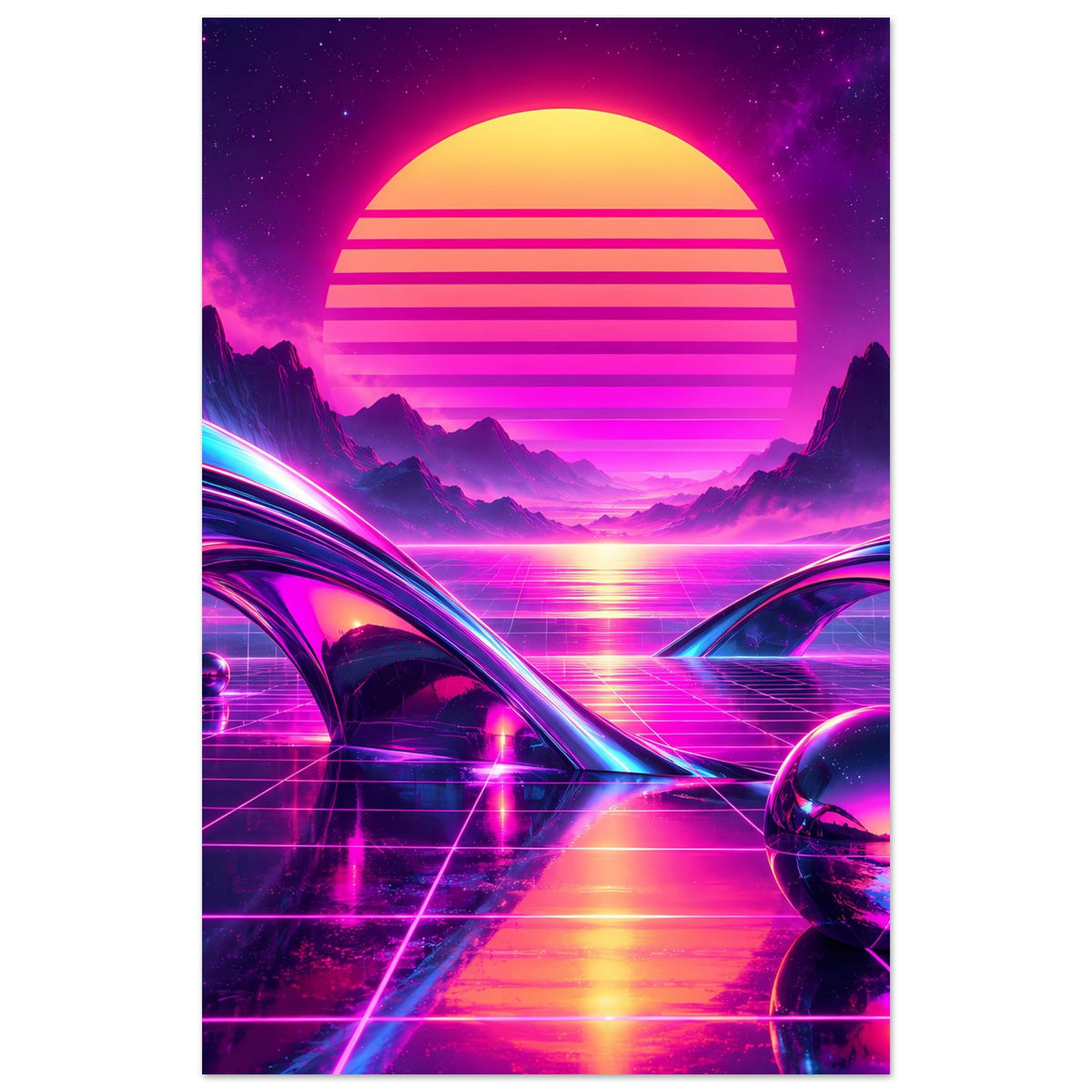 Retro-Science-Fiction-Poster im Hochformat: neonfarbener Sonnenuntergang, Berge, Gitternetzstraße