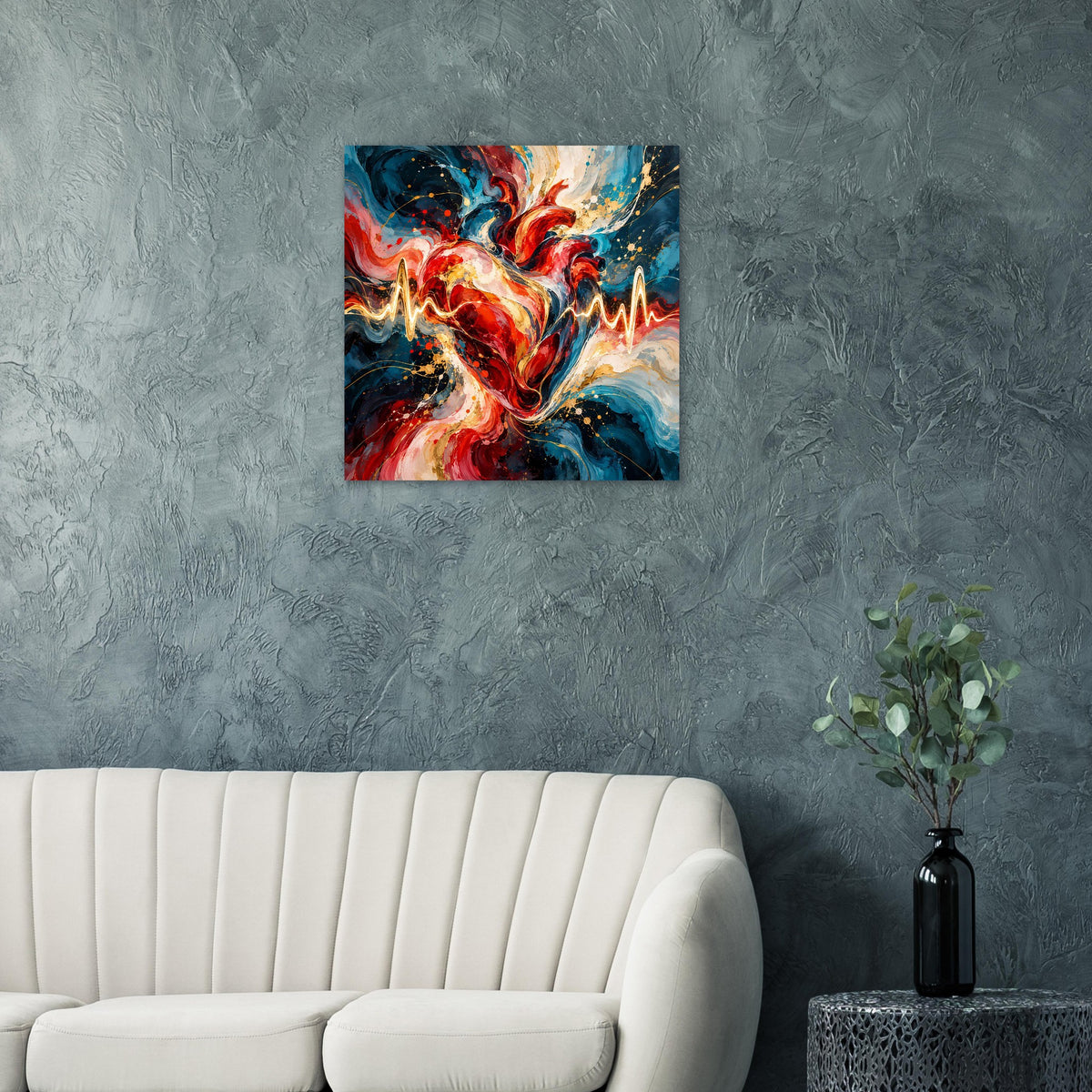 Poster mit abstraktem Herzschlagmotiv in Rot, Blau und Gold