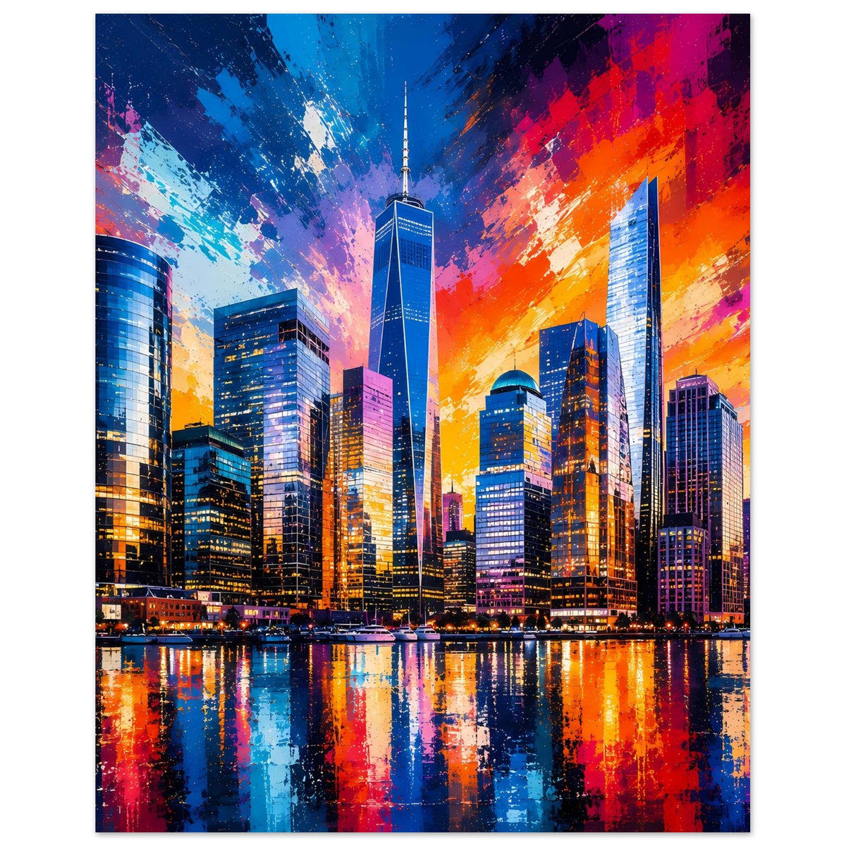 Hochformatiges Skyline-Poster mit farbenfrohem Himmel, beleuchteten Hochhäusern und Wasserreflexionen.