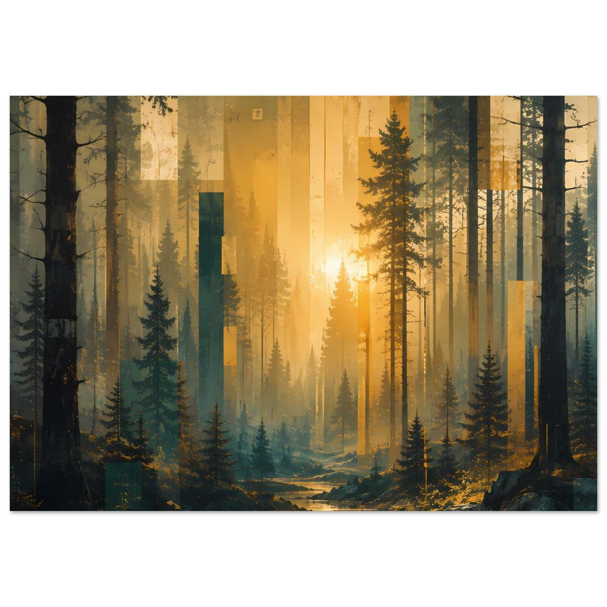 Wandposter im Querformat mit Wald bei Sonnenaufgang, goldgelbem Schimmer und Baumreihen