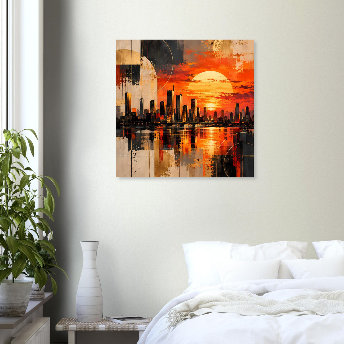 Quadratisches Poster mit Stadtsilhouette im orange-roten Sonnenuntergang und hellen Akzenten