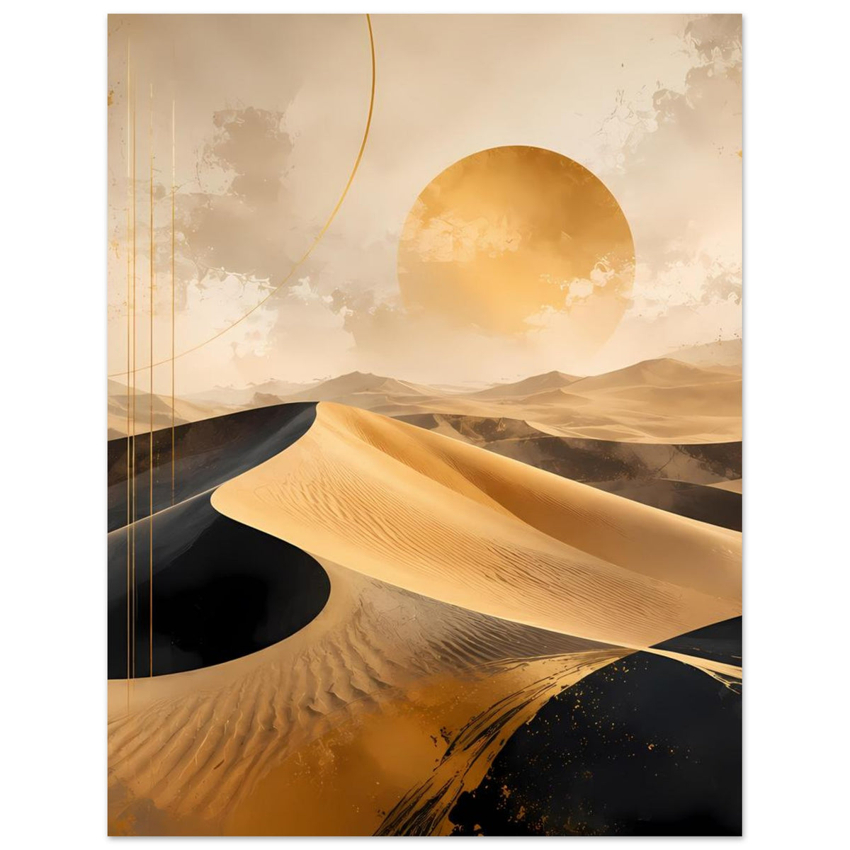 Wüstenposter mit goldener Düne und schwarzem Sand, große Sonnenscheibe im Hintergrund, Querformat