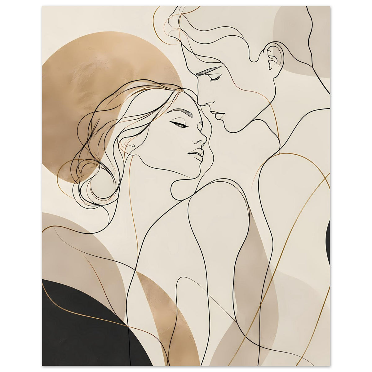 Poster mit Umarmung: zwei Figuren im feinen Linienstil, Beige- und Brauntöne