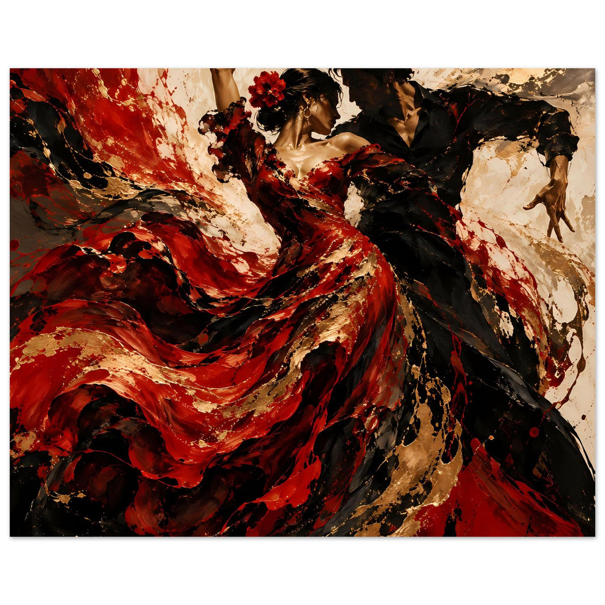 Flamenco-Tanz-Poster mit breiter Ansicht der Tänzer in Rot, Gold und Schwarz