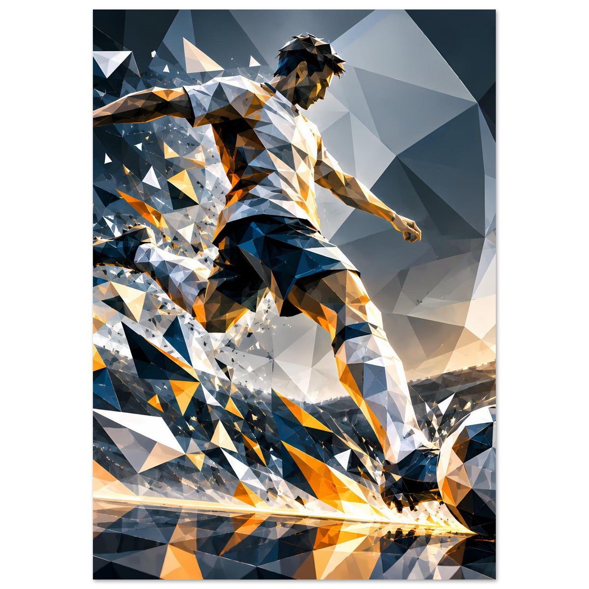 Fußball-Actionposter, vertikal: laufender Spieler im geometrischen Stil, blau und orange