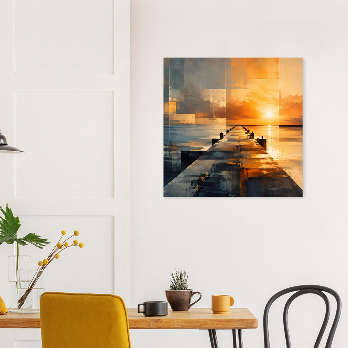 Rechteckiges Poster mit abstraktem Hafensteg bei Sonnenuntergang, warmes Orange und Blau