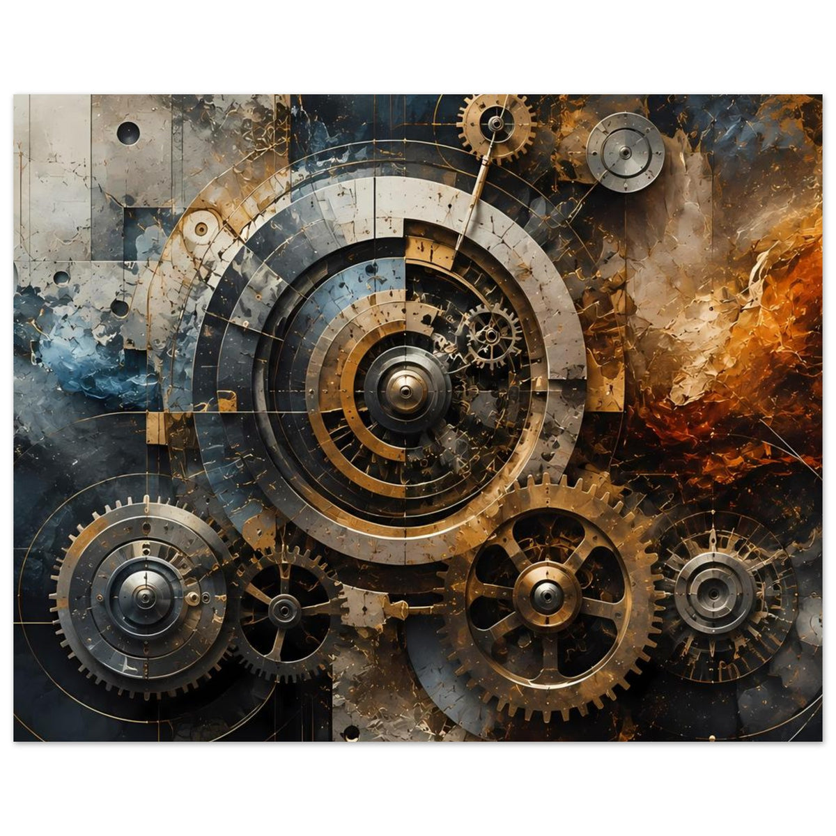 Steampunk-Poster querformat mit zentralem Uhrwerksrad und warmen Metallic-Details