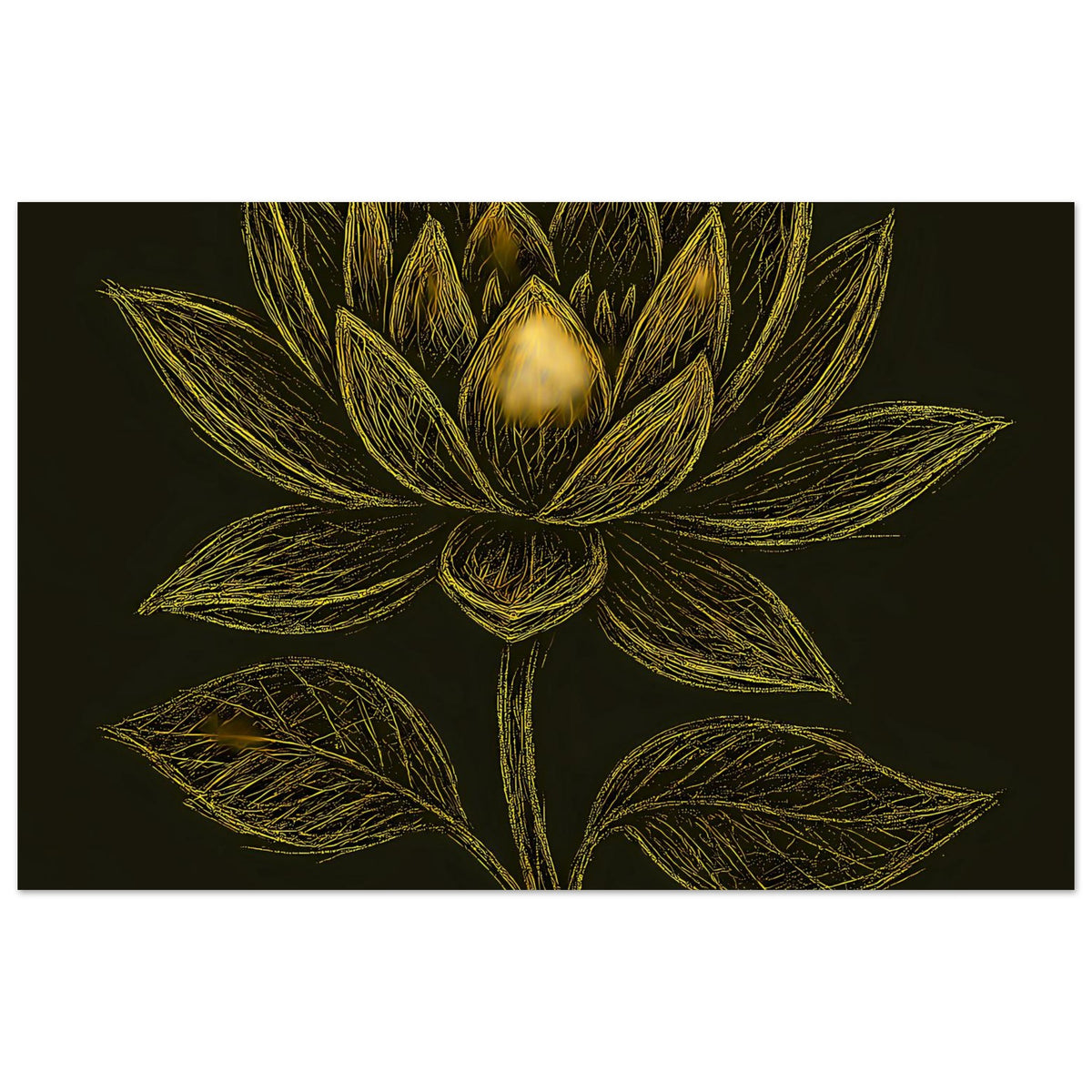 Querformatiges Poster mit goldener Lotusblüte, große Blätter im Vordergrund des Motivs