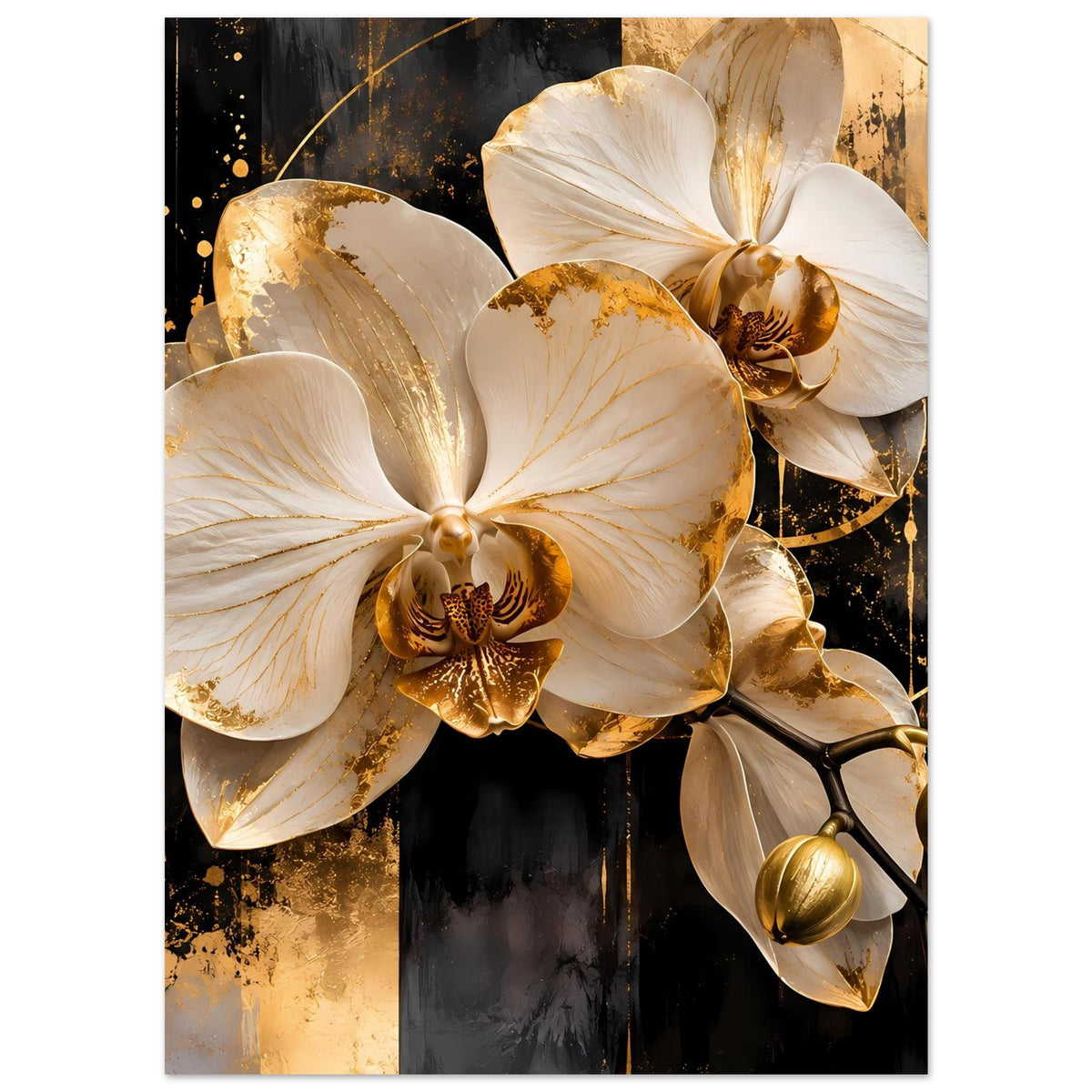 Vertikales Poster mit weißen Orchideenblüten und goldenen Akzenten, goldene Deko-Kugeln