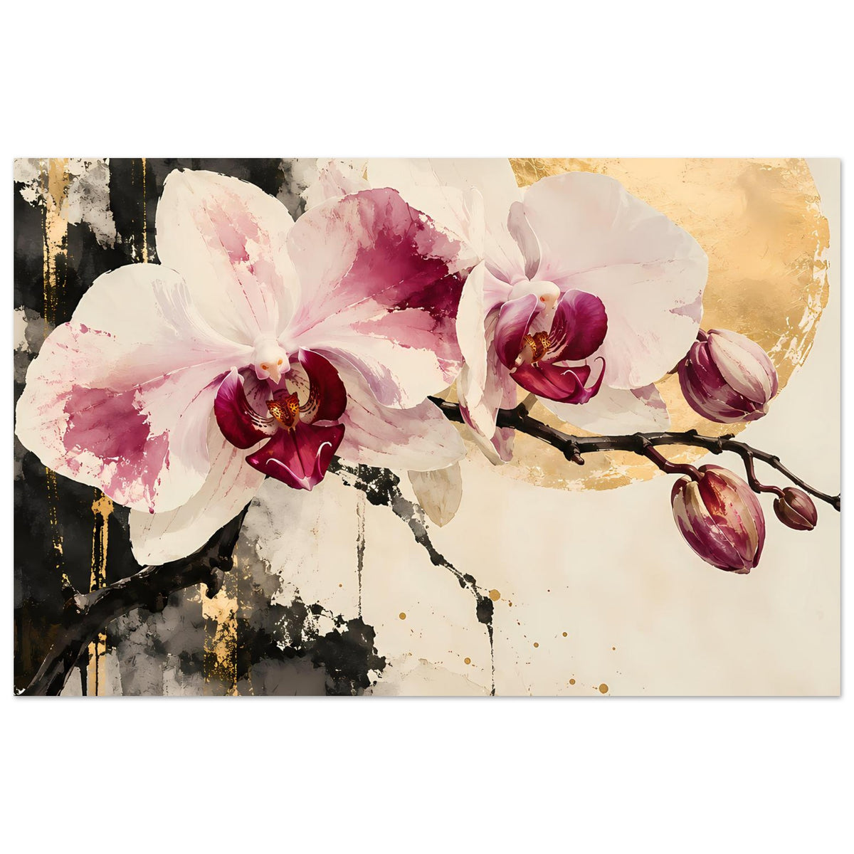 Blumenposter mit Orchideenblüten in Weiß, Rosa und Dunkelrot, mit goldenen Akzenten
