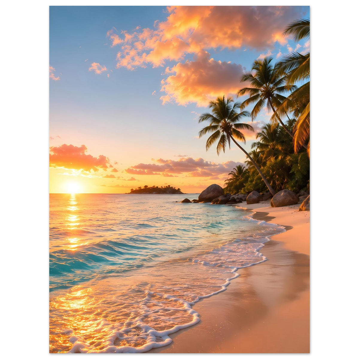 Poster im Hochformat mit Strand und Palmen, Sonne am linken Horizont, ruhige Wellen.