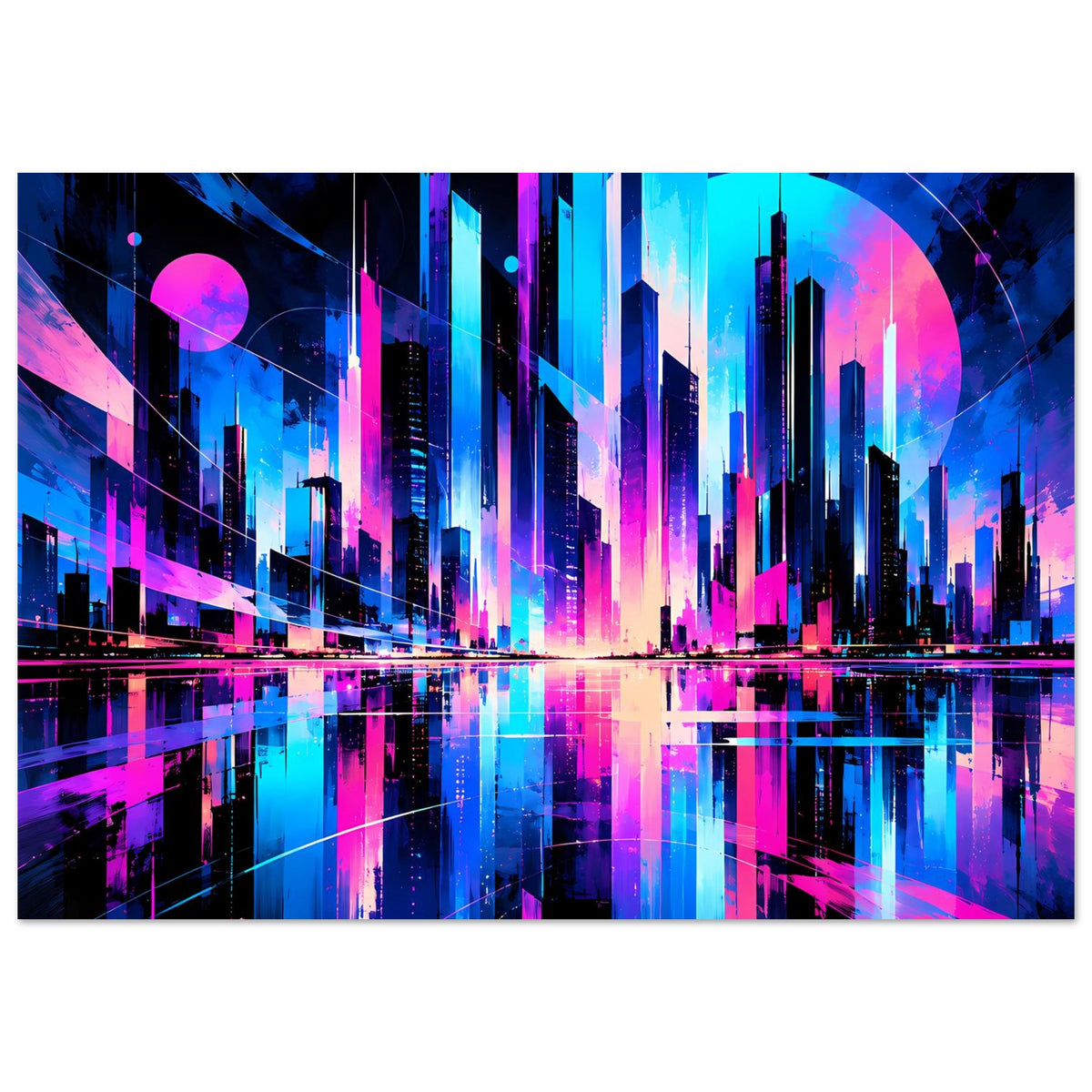 Neon-Stadtbild-Poster mit vielen Hochhäusern, intensiven Farbverläufen, reflektierendes Wasser