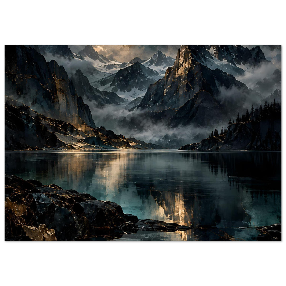 Poster mit Berglandschaft, Dämmerlichtwolken und See, horizontales Motiv