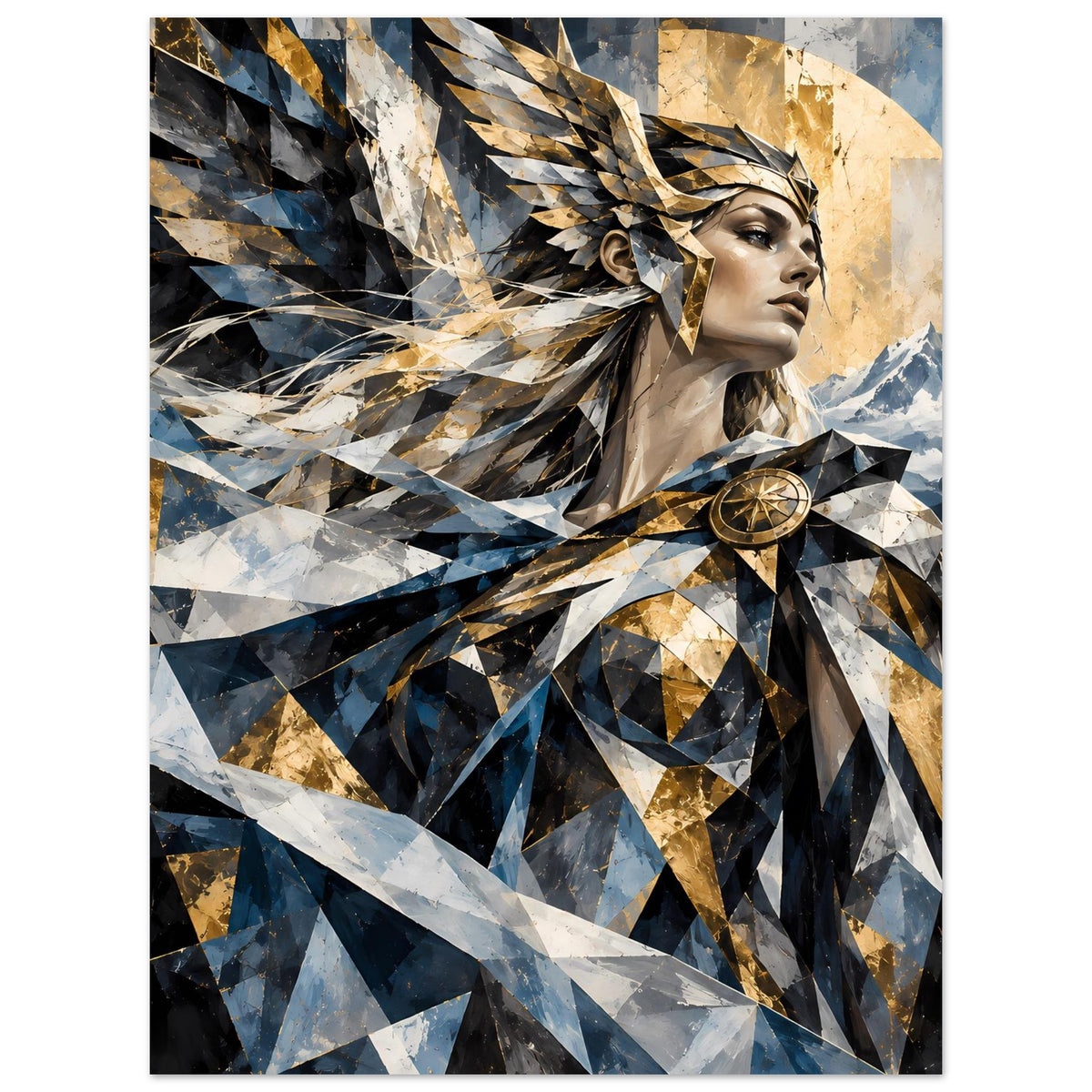 Geometrisches Poster mit Frauenporträt und Federkranz, Blau, Gold und Schwarz