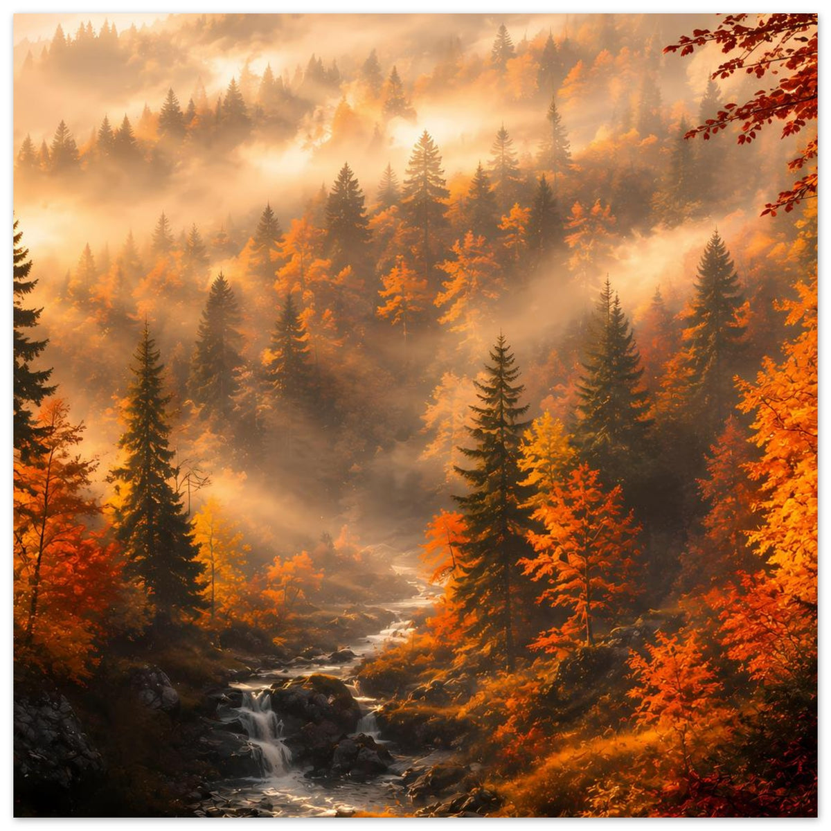 Herbstwald-Poster: Fichten im Nebel, warmes Orange, Wasserlauf im Tal