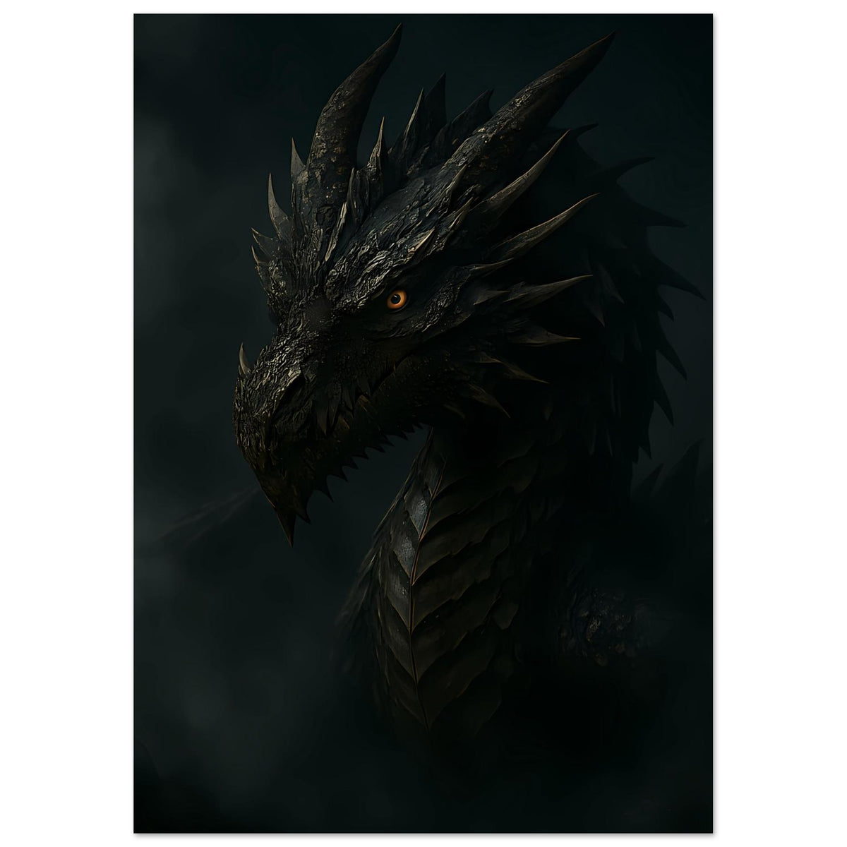 Fantasy-Poster: schwarzer Drachenkopf mit orangefarbenem Auge, Hochformat