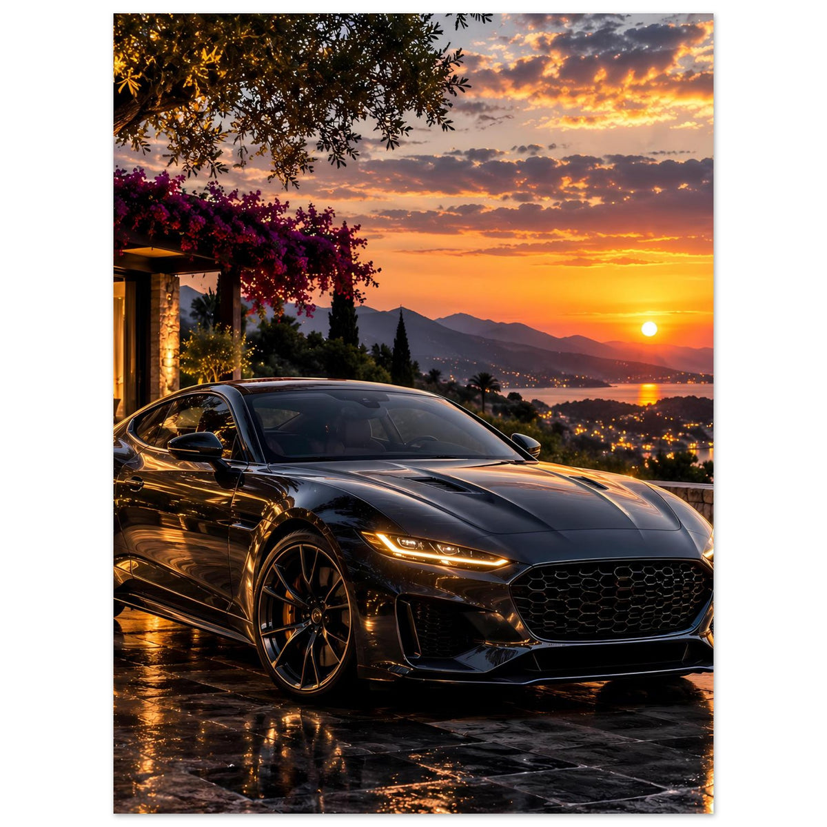 Poster mit dunklem Sportwagen, Frontansicht mit Scheinwerfern und Kühlergrill bei Sonnenuntergang
