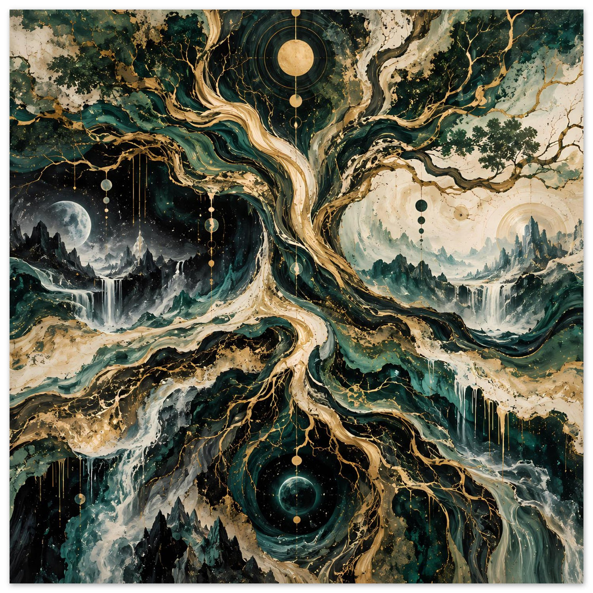 Poster im Querformat: kosmischer Baum mit Sternenkreisen, Wurzeln und Berglandschaft