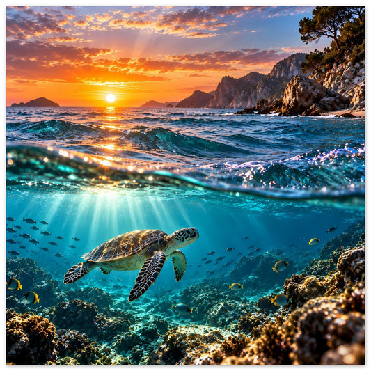Posterdruck mit Meeresschildkröte im blauen Wasser vor Sonnenuntergang am Meer