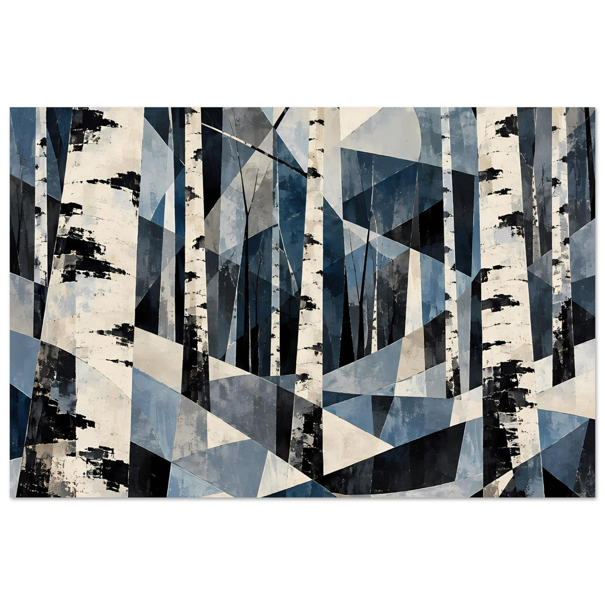 Abstraktes Naturposter mit Birkenstämmen: helles Blau, Weiß und dunkles Schwarz in Schichten.