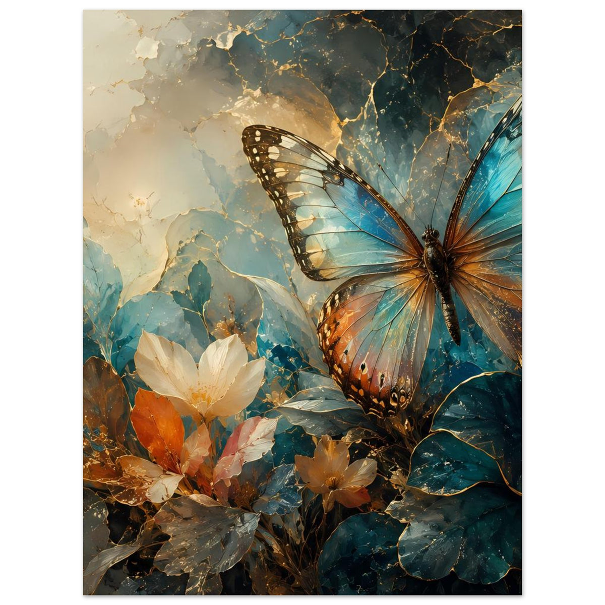 Poster mit Schmetterling und weißen Blüten im warmen Blau, goldene Akzente
