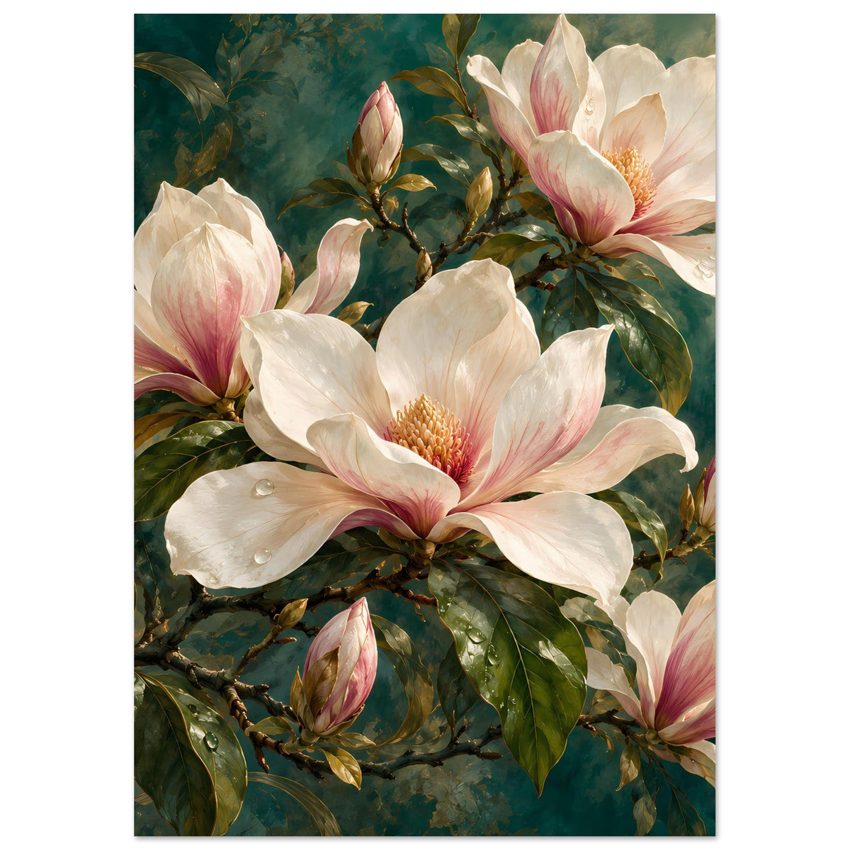 Vertikales Magnolienposter in Creme und Rosa, zentrale große Blüte mit Knospen.
