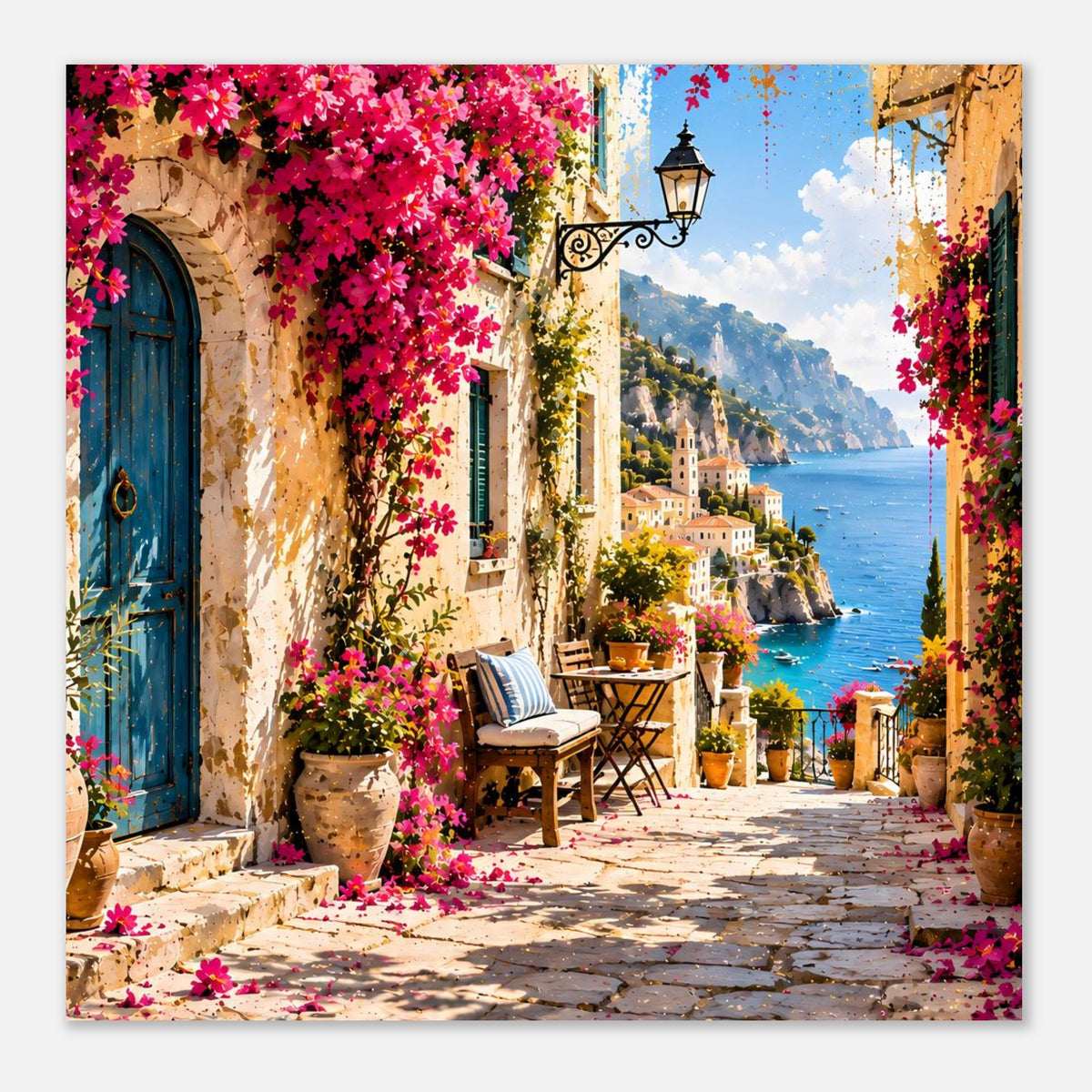 Poster: Küstenweg mit pinken Blüten, blauer Tür und Häusern an einer Bucht