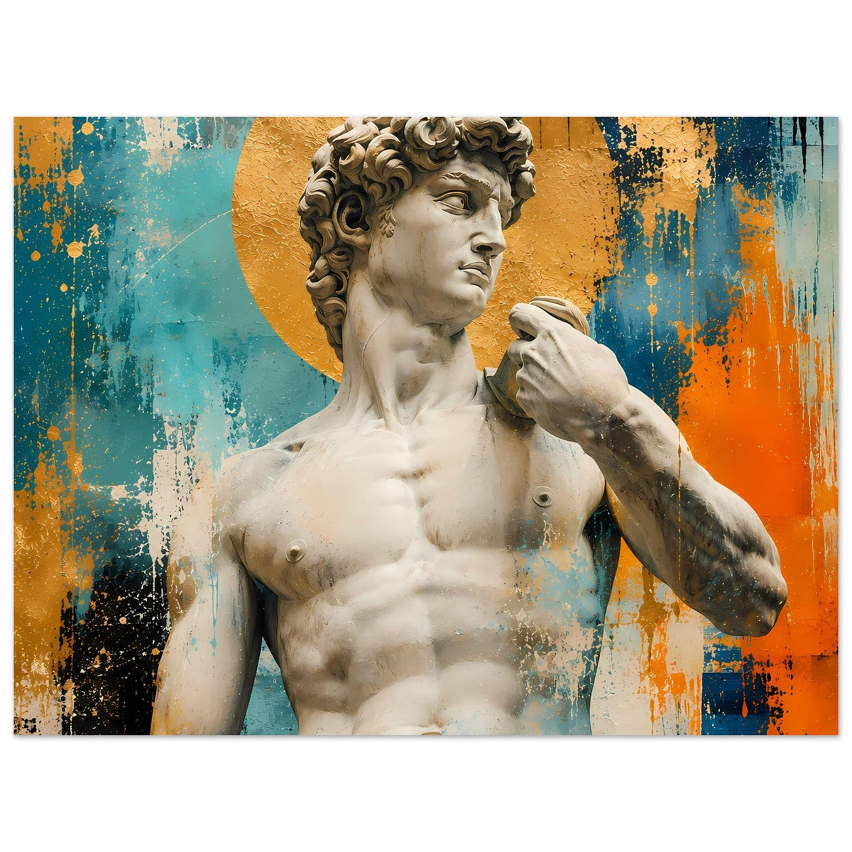 Poster: Michelangelos David, goldener Kreis, Schulter bis Arm, seitlicher Blick