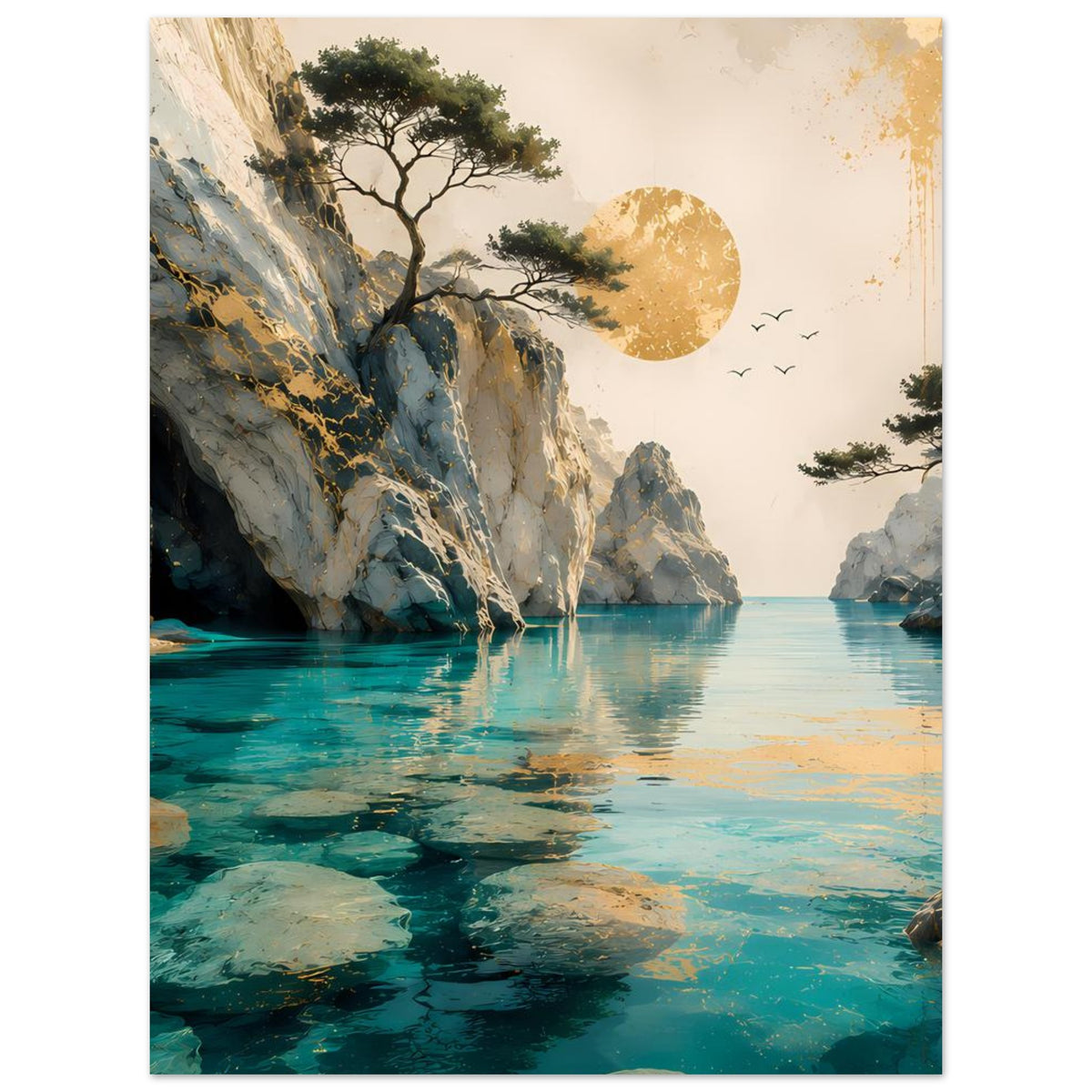 Hochformatiges Poster mit Küstenlandschaft: Felsklippen, türkisfarbenes Wasser, goldener Mond, Baum.