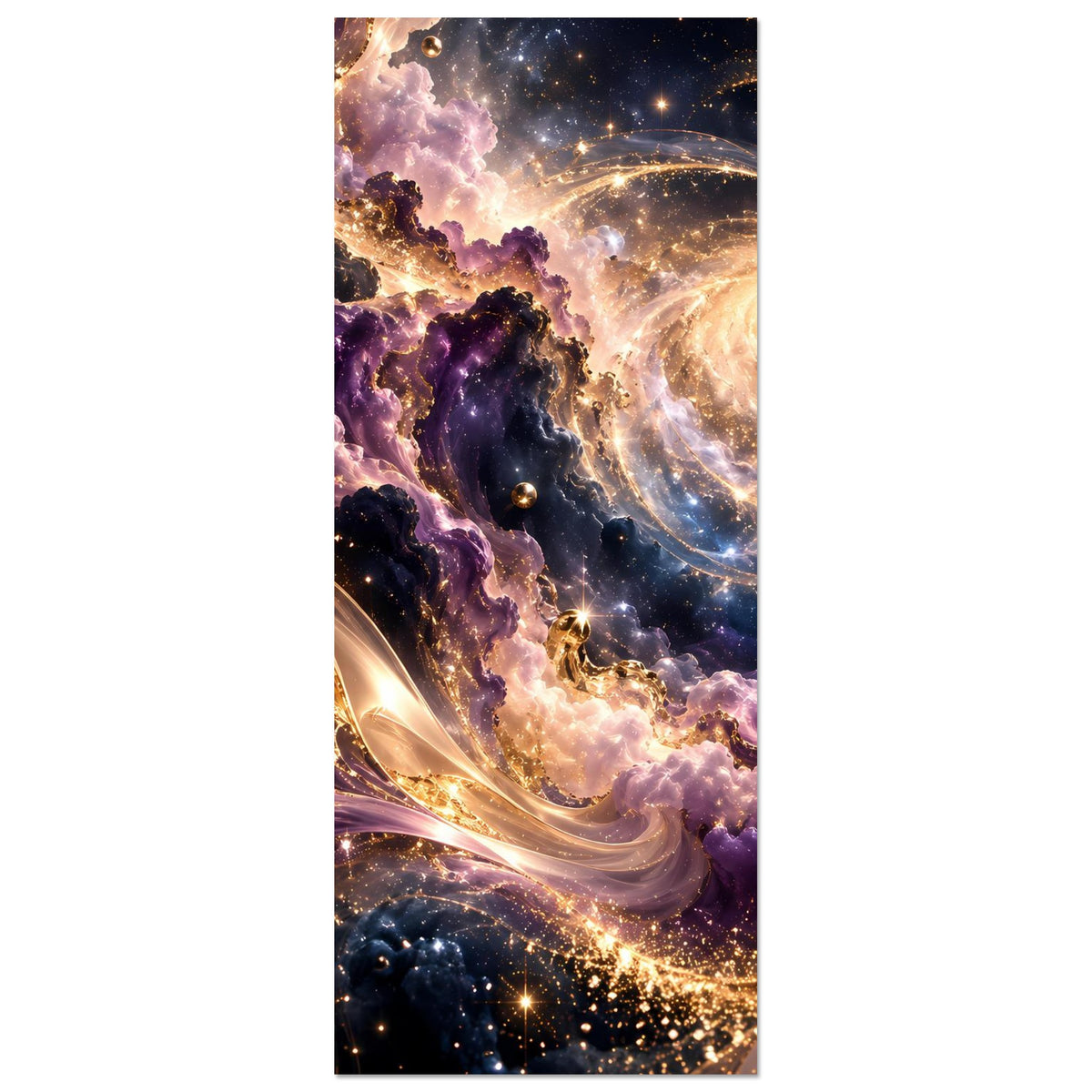 Kunstdruck im Hochformat: kosmischer Strudel aus Violett, Gold und Sternen