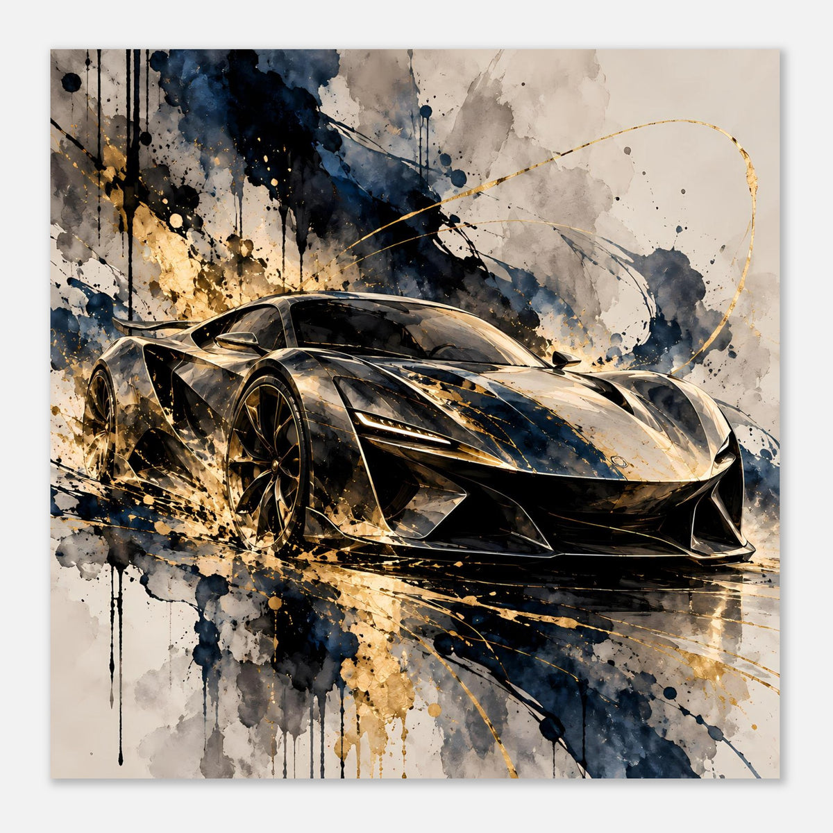 Quadratisches Poster mit schwarzem Sportwagen und goldenen Akzenten, umrahmt von Spritzdekor