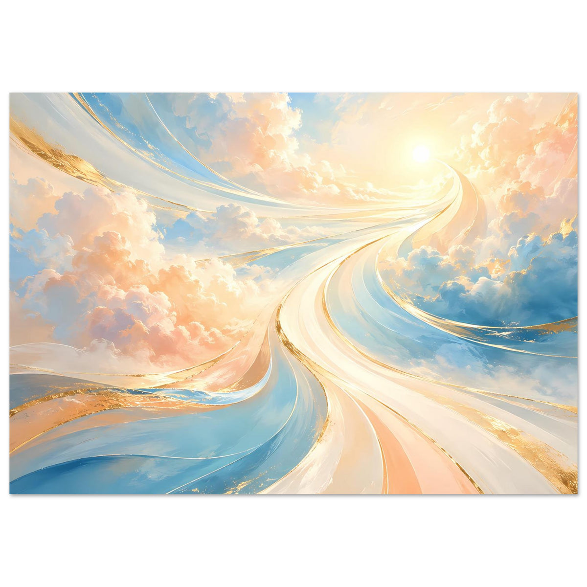 Fantasie-Poster im Querformat mit Pastellhimmel, Sonne, hellen Lichtbahnen und Wolken