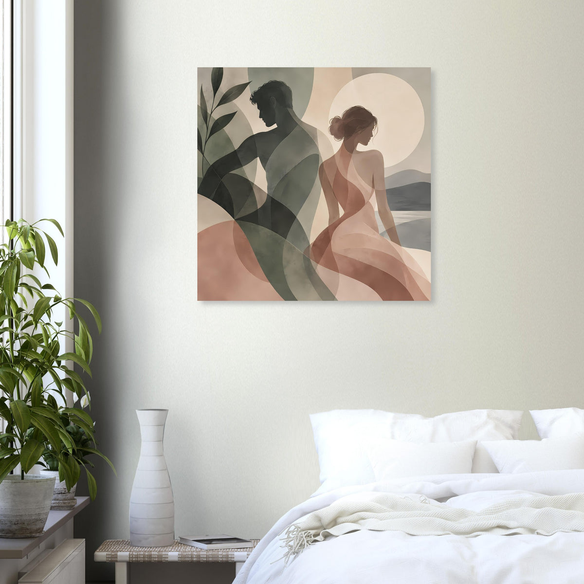 Rechteckiges Poster mit abstrakten Frauenfiguren, Pastellgrün, Rosen- und Beigetöne