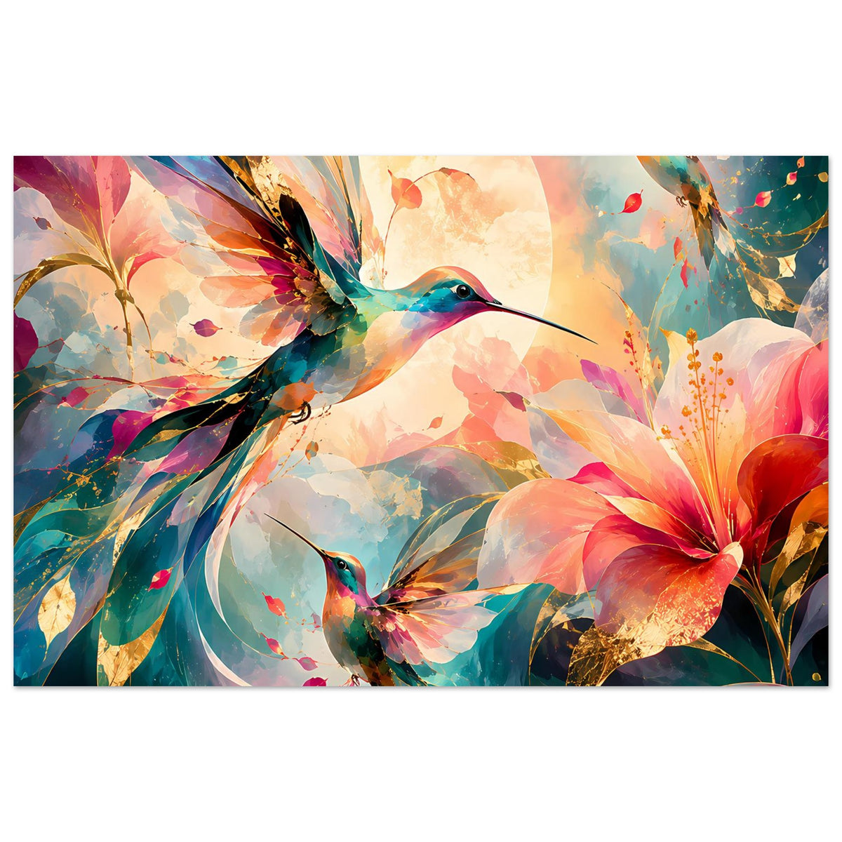 Kunstposter mit leuchtenden Kolibris und Blumen in bunten Aquarellfarben, Querformat