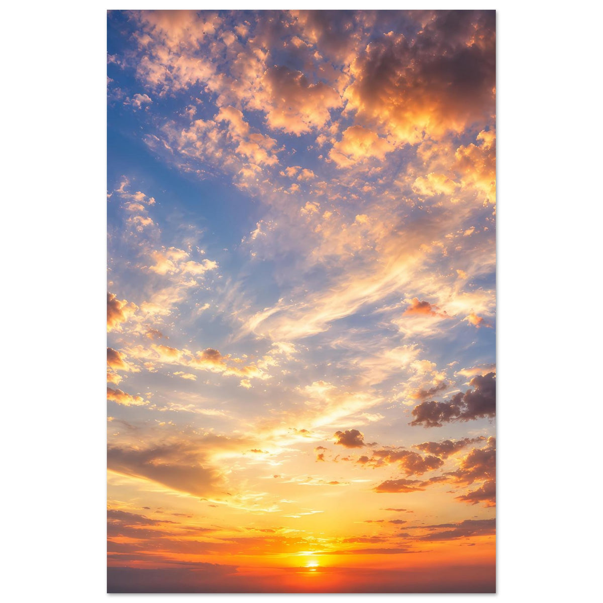 Vertikales Poster mit Sonnenuntergangslicht, orangefarbenen Wolken und Sonne am Horizont, dunkler Rahmen.
