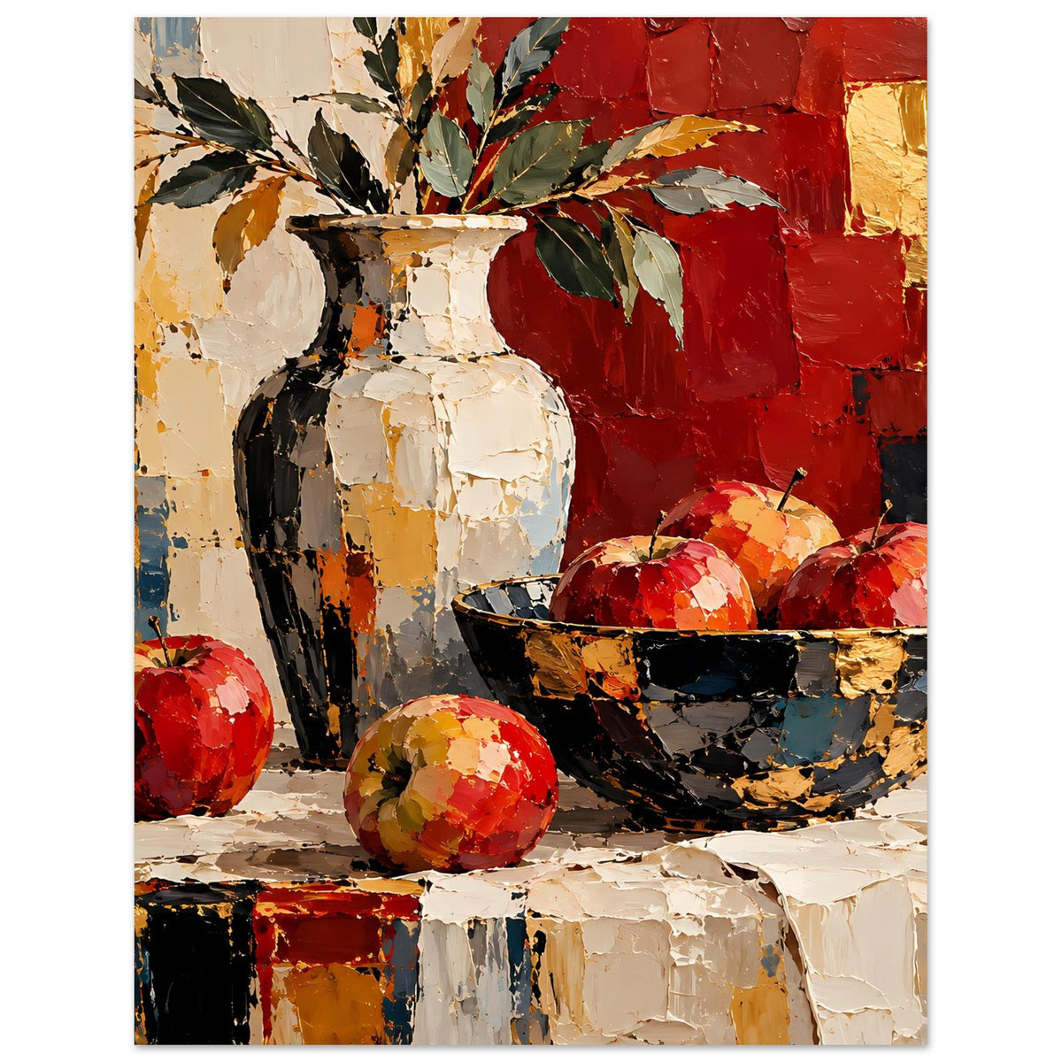 Kunstposter: Vase, bunte Fruchtkugeln und große Schale vor kräftigem Rot- und Goldhintergrund