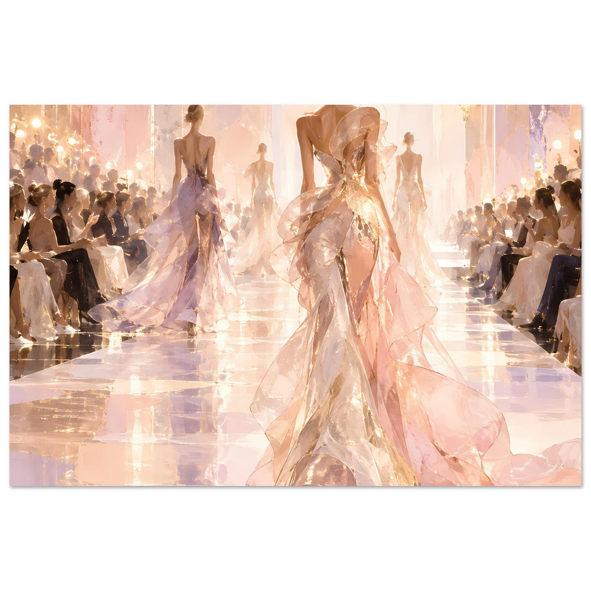 Horizontales Fashion-Poster: goldrosa Abendkleider, vorderes Model und Laufsteg in Szene