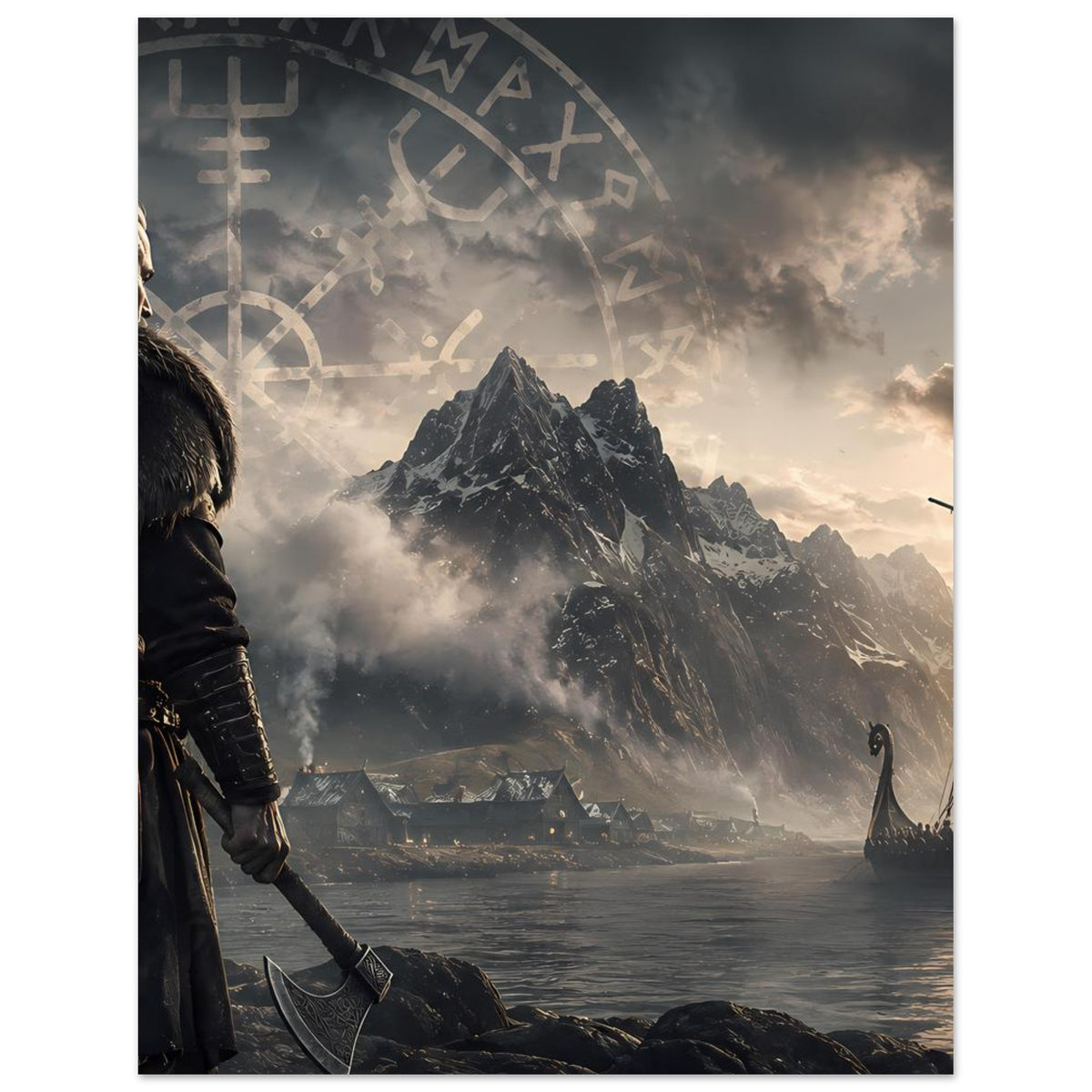 Poster mit Runenbogen, dunklem Wikingerkrieger, Bergkette und Langschiff am Fjord
