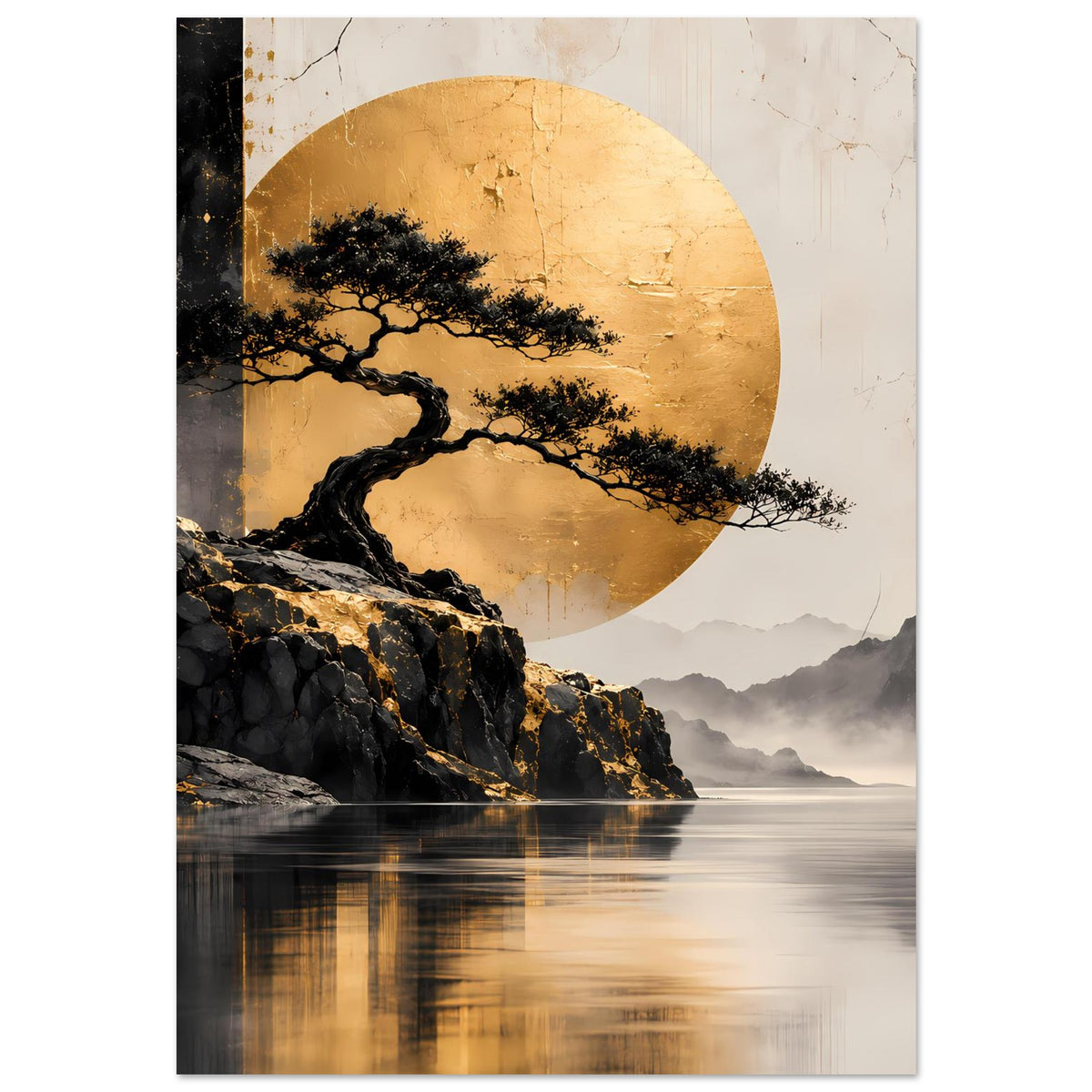 Poster mit schwarzem Baum und goldener Kreislandschaft, Felsen, Wasserfläche und Dunstschichten