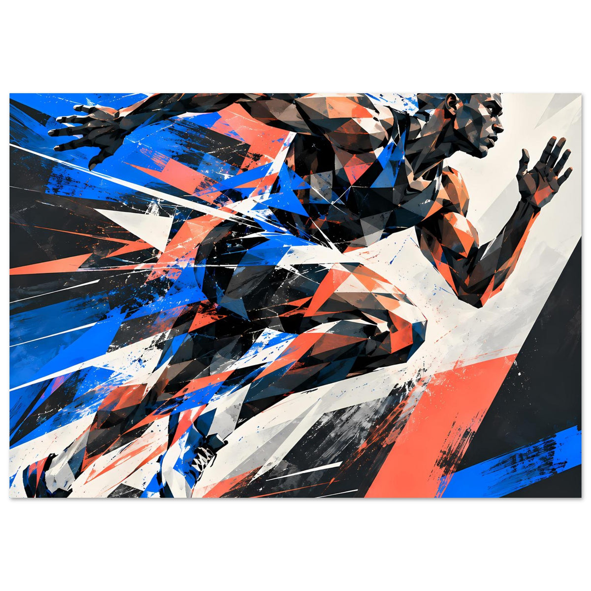 Dynamisches Poster mit abstrakter Sportler-Silhouette in Blau, Orange und Schwarz