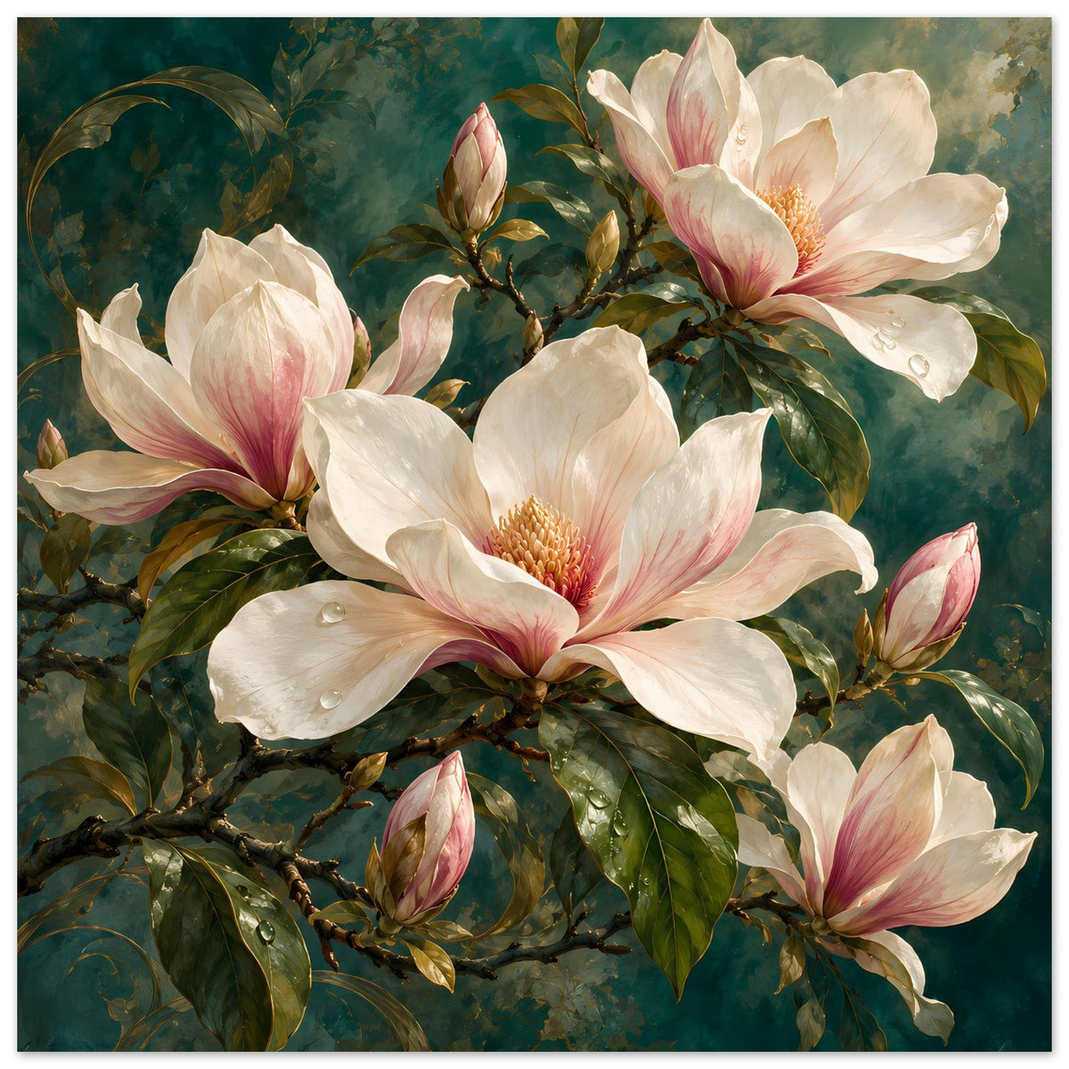 Rechteckiges Poster mit cremeweißen Magnolienblüten und rosa Stempeln auf Ästen und Blättern