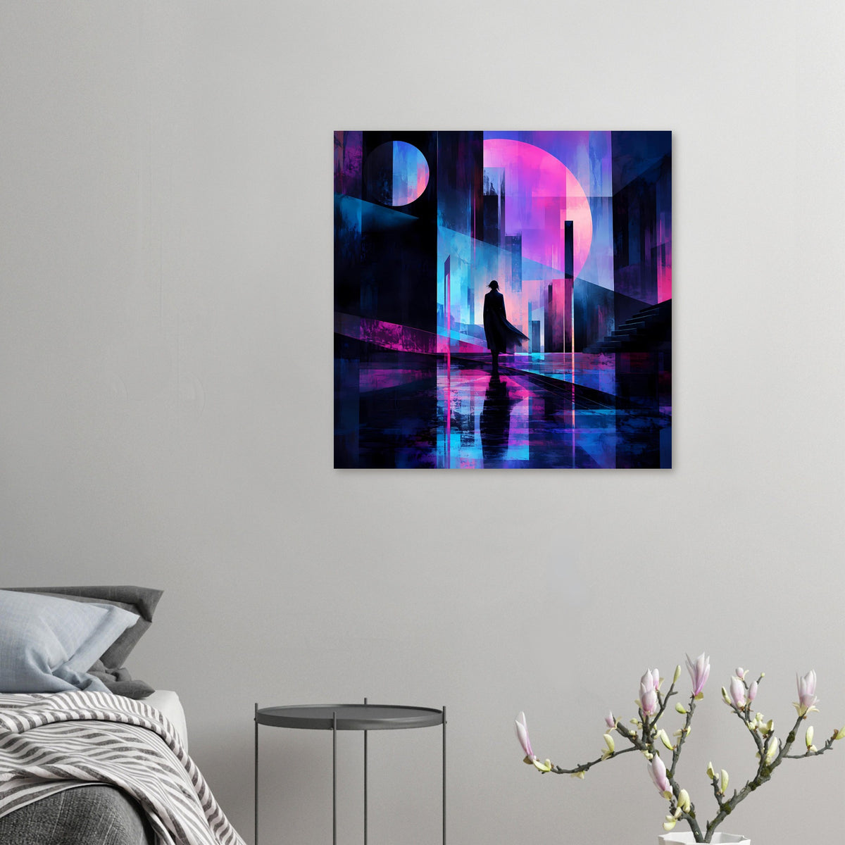 Neon-Nachtlandschaft-Poster, kleines Querformat: Silhouette im Neon-Licht, blaue und pinke Farben.