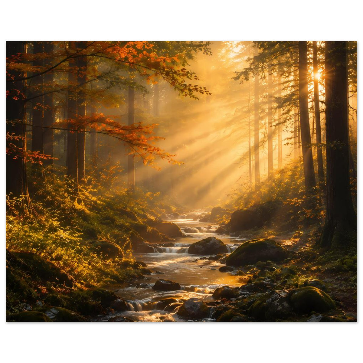 Horizontales Poster: goldenes Licht im Wald, fließender Bach zwischen Felsen und weichem Nebel